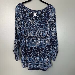 Bila Navy Blue Floral Boho Hippie Peasant Blouse - XXL - Women's Plus Size Top